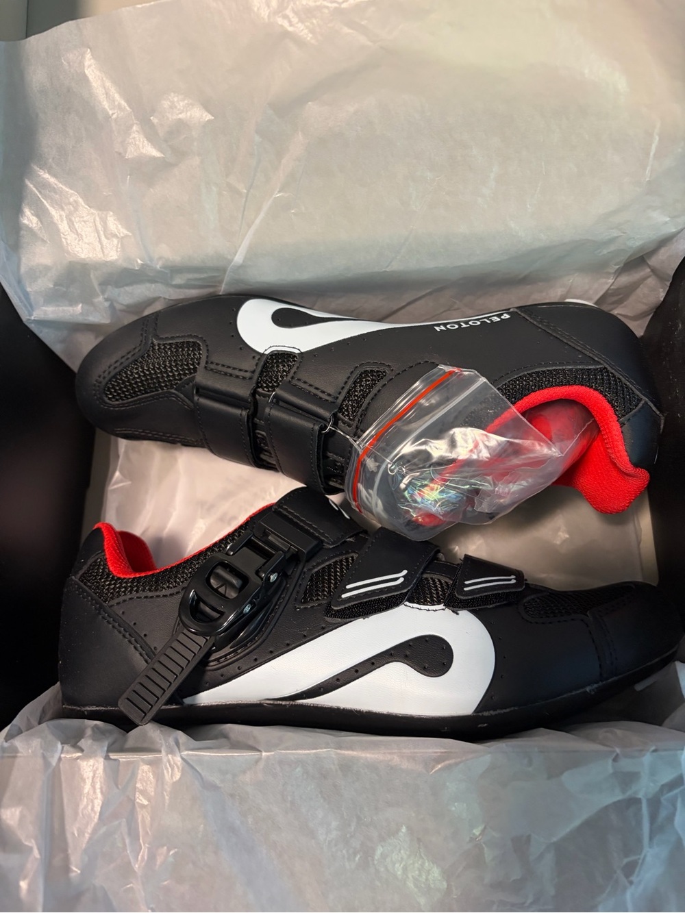 Peloton Black & White Cycling Shoes with Red Lining
